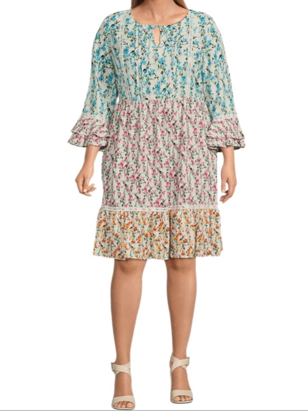 Floral Patchwork Tiered Shift Dress in Multi